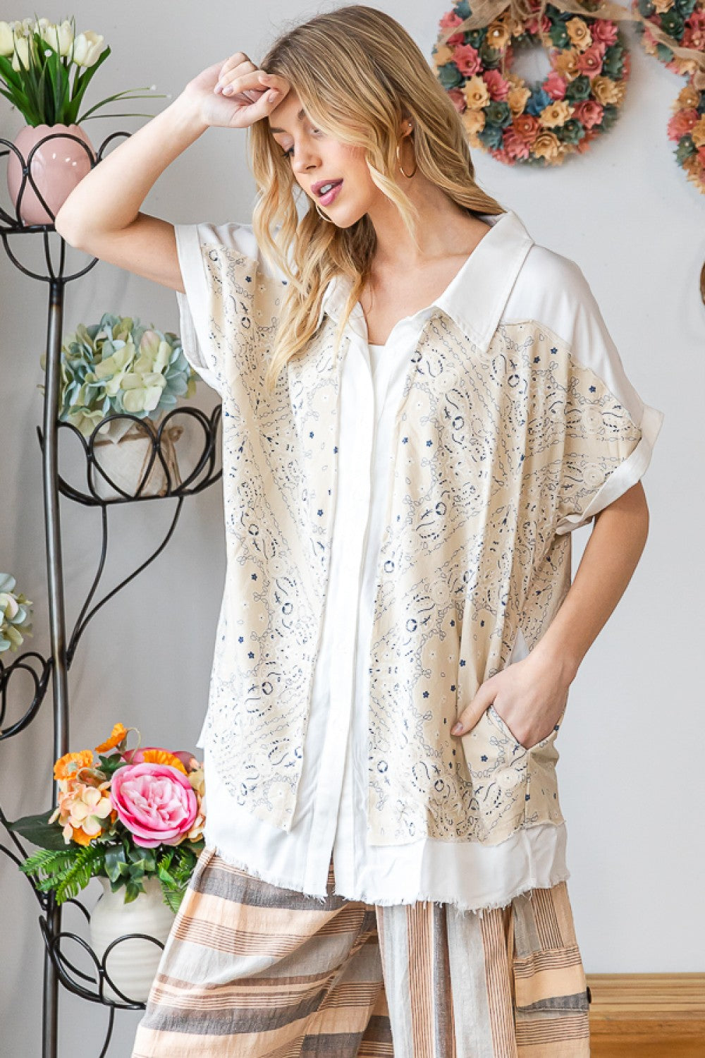 Oli & Hali Washed Scarf Print Button Front Shirt Top