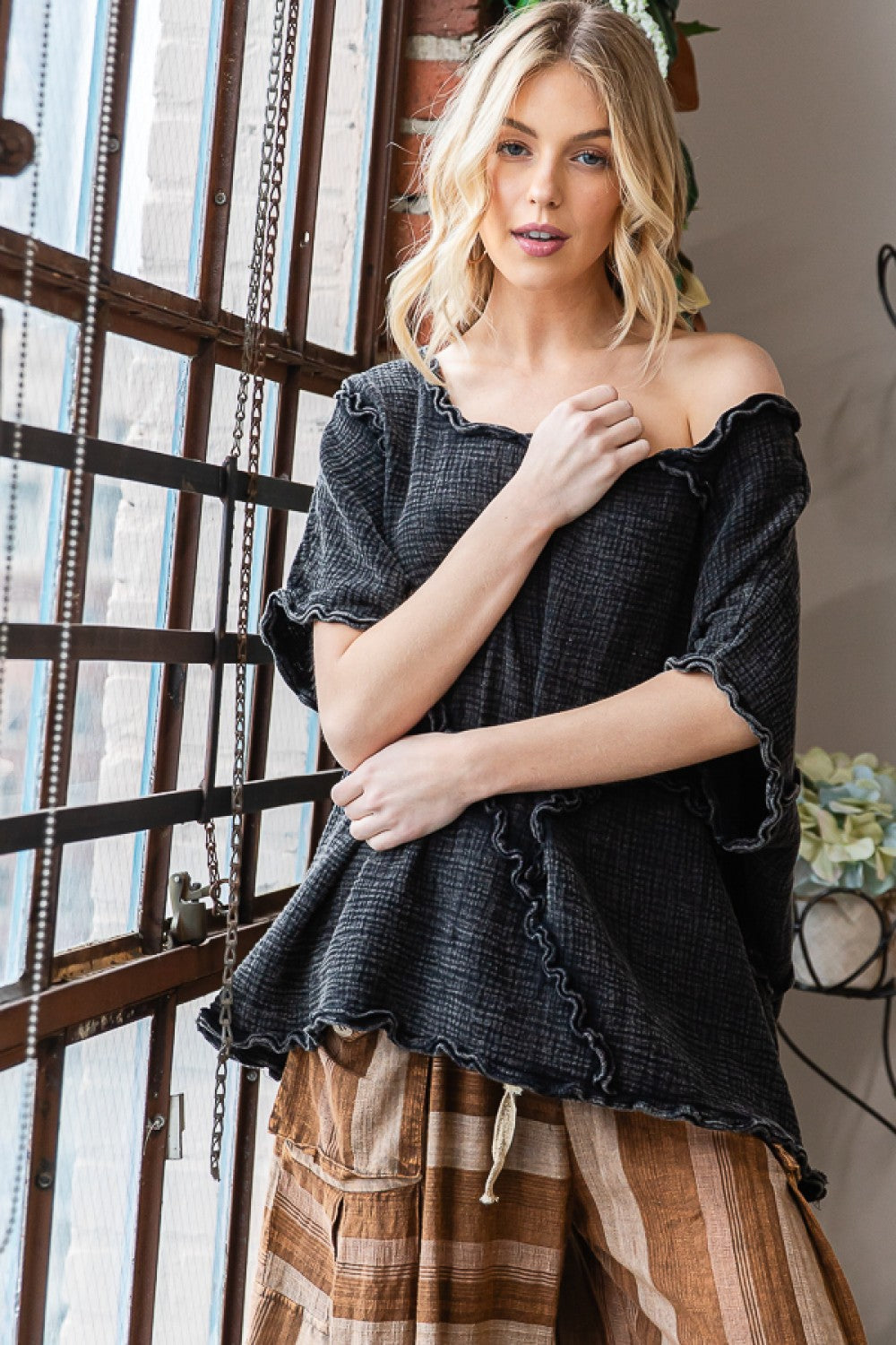 Oli & Hali Washed Double Gauze Over Sized Woven Top