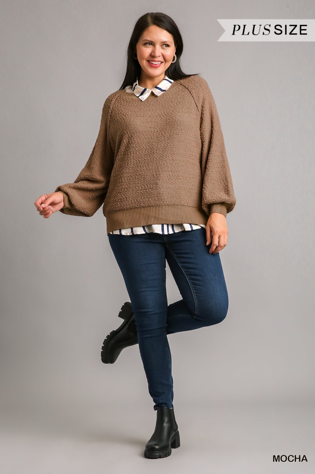 Umgee Plus Puff Sleeve Boat Neck Sweater Top - Roulhac Fashion Boutique