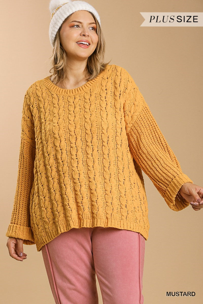 Umgee Plus Cuffed Long Sleeve Chenille Cable Knit Pullover Sweater Top