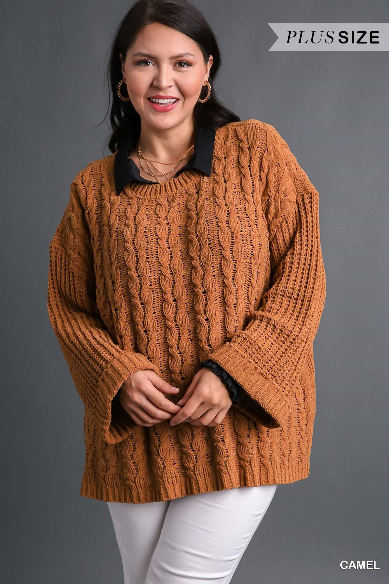 Umgee Plus Cuffed Long Sleeve Chenille Cable Knit Pullover Sweater Top - Roulhac Fashion Boutique