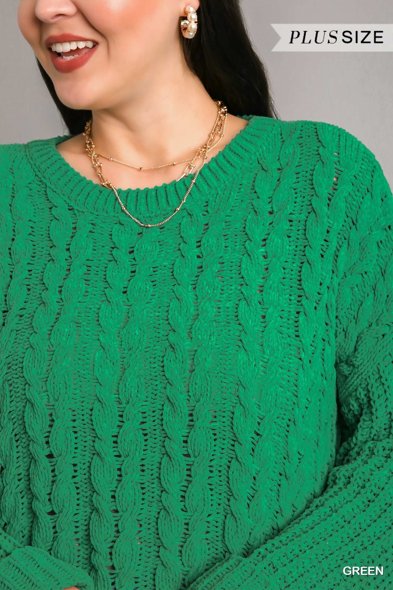 Umgee Plus Cuffed Long Sleeve Chenille Cable Knit Pullover Sweater Top - Roulhac Fashion Boutique