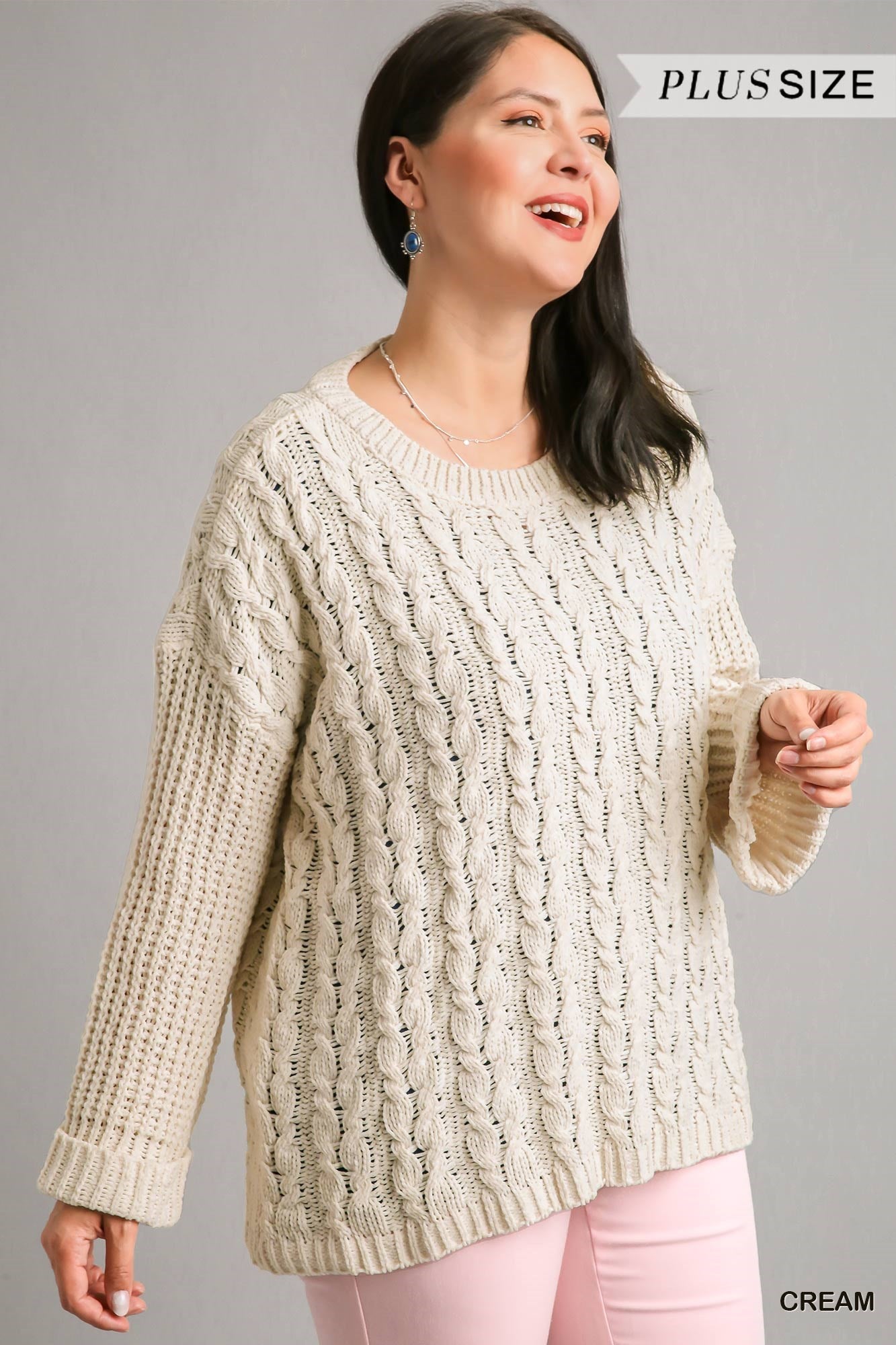 Umgee Plus Cuffed Long Sleeve Chenille Cable Knit Pullover Sweater Top