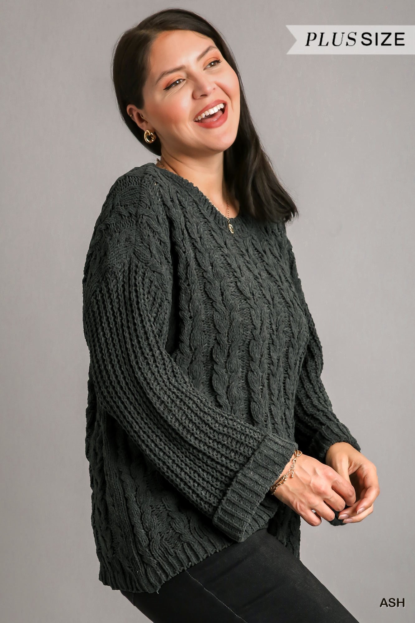 Umgee Plus Cuffed Long Sleeve Chenille Cable Knit Pullover Sweater Top