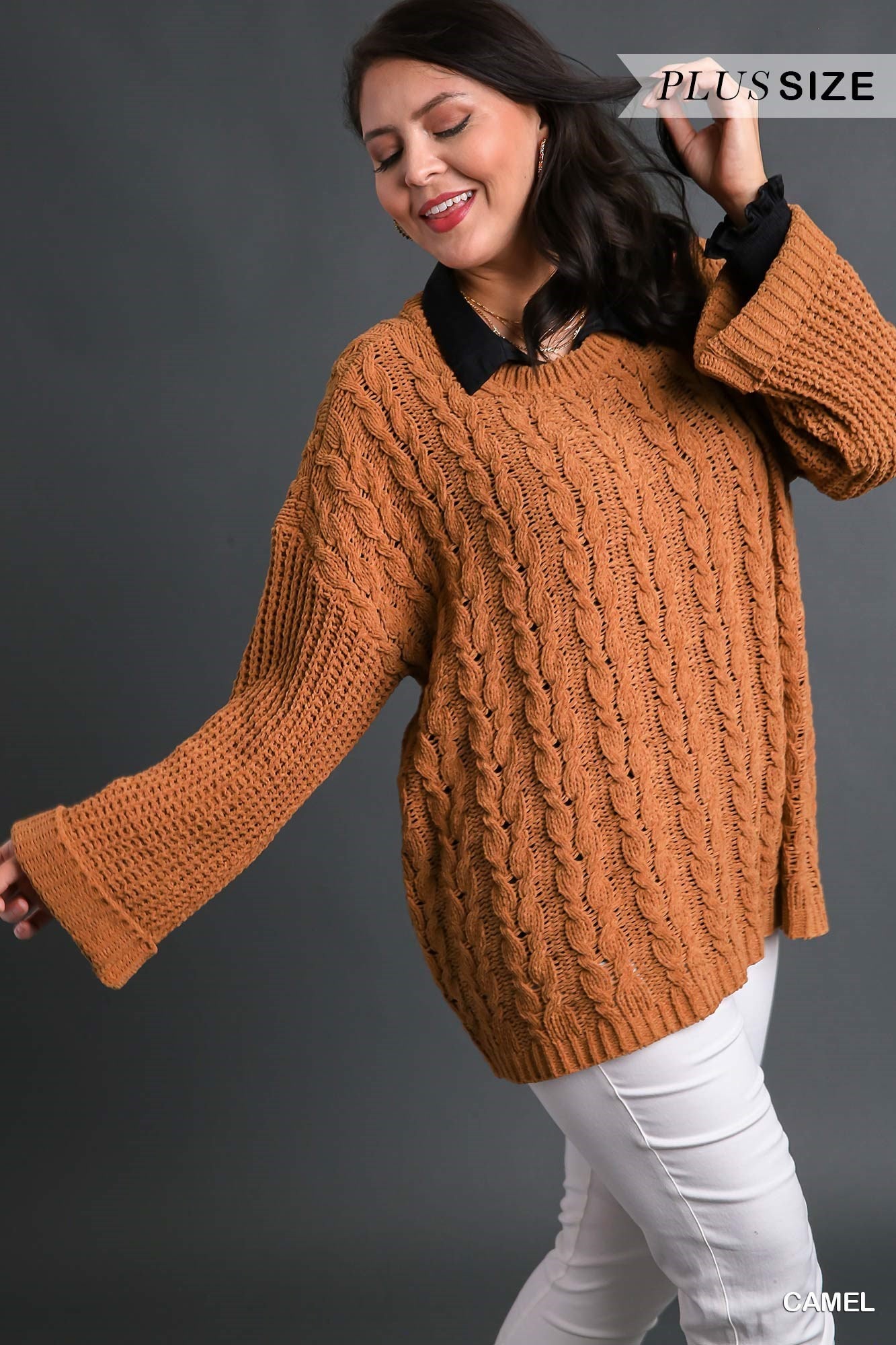 Umgee Plus Cuffed Long Sleeve Chenille Cable Knit Pullover Sweater Top - Roulhac Fashion Boutique
