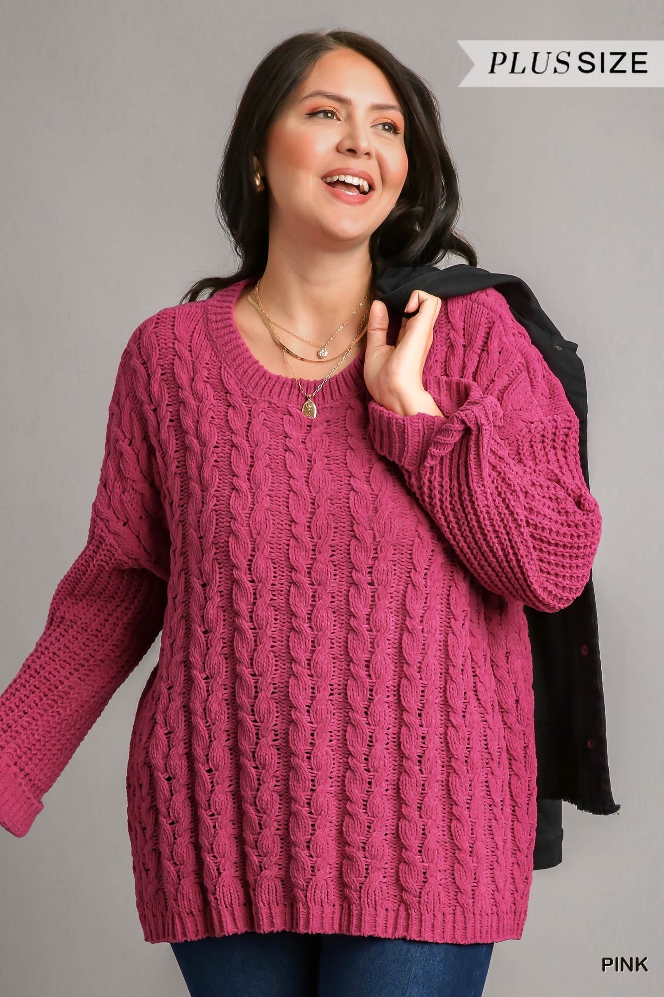 Umgee Plus Cuffed Long Sleeve Chenille Cable Knit Pullover Sweater Top