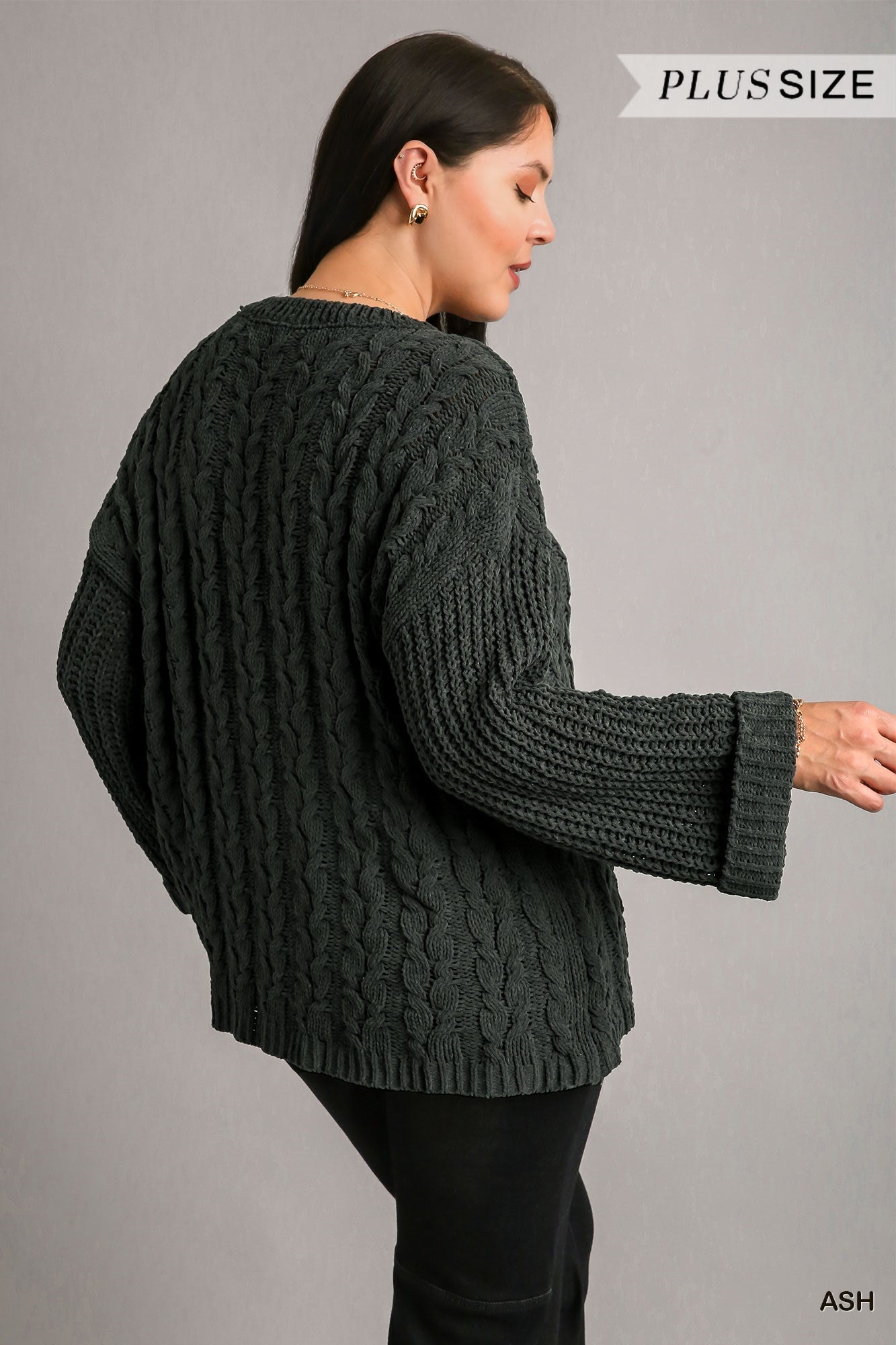 Umgee Plus Cuffed Long Sleeve Chenille Cable Knit Pullover Sweater Top
