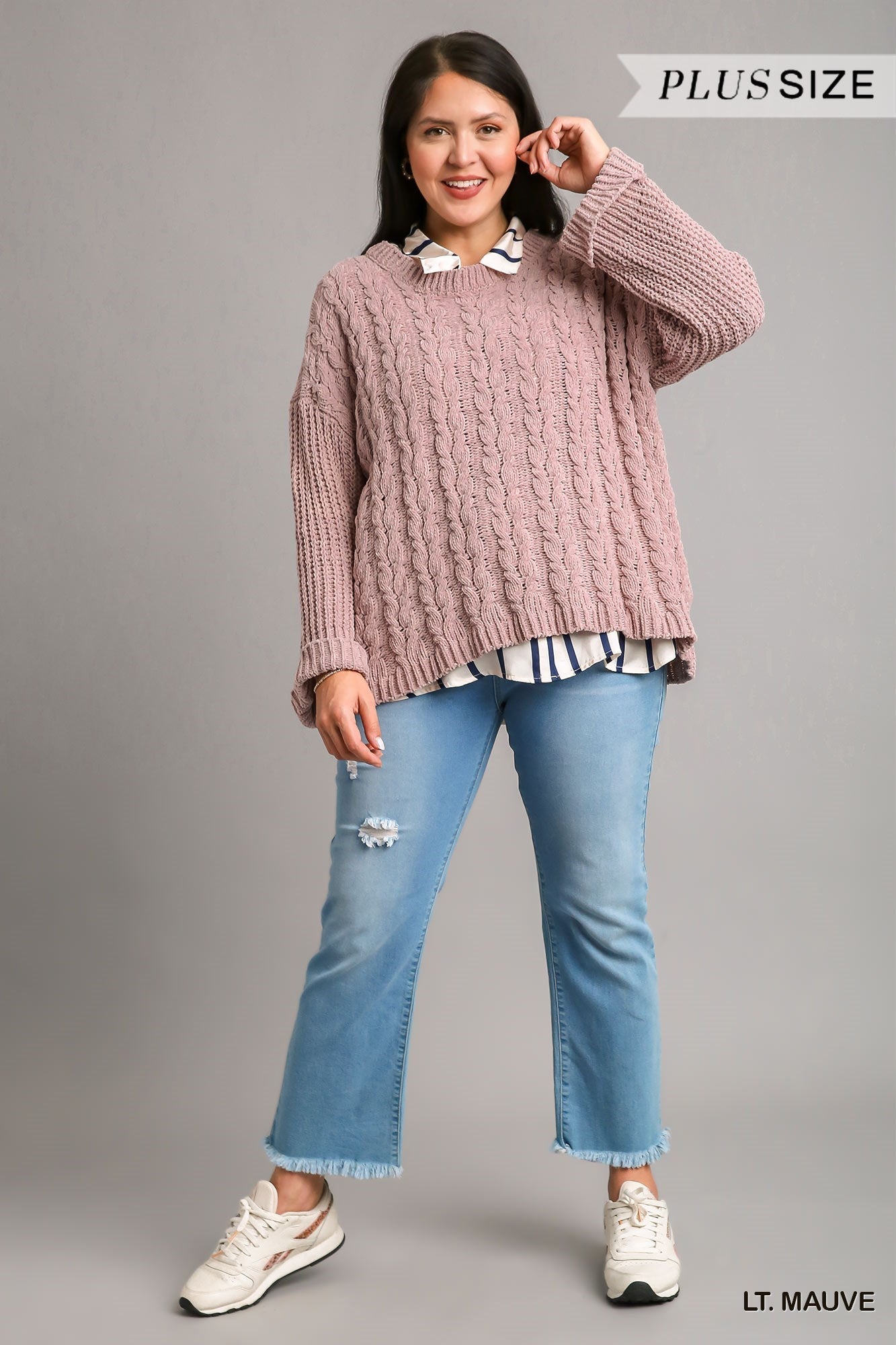Umgee Plus Cuffed Long Sleeve Chenille Cable Knit Pullover Sweater Top - Roulhac Fashion Boutique