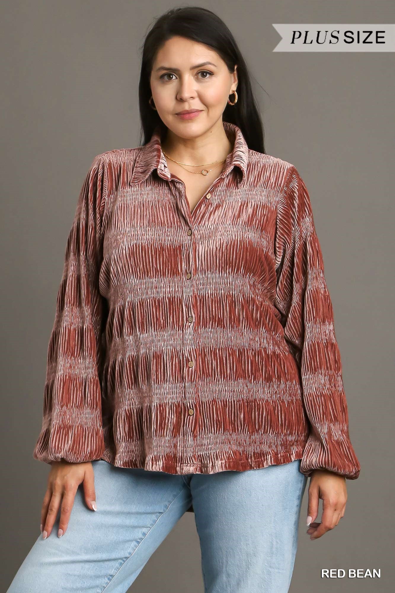 Umgee Plus Boxy Cut Smocked Velvet Button Down Puff Sleeve Top - Roulhac Fashion Boutique