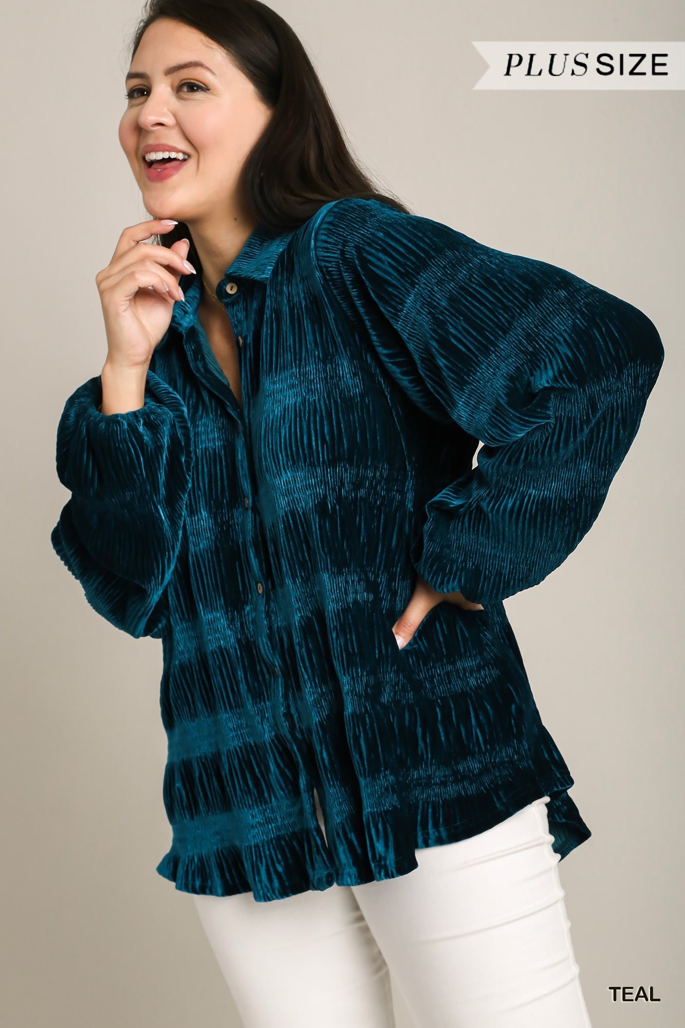 Umgee Plus Boxy Cut Smocked Velvet Button Down Puff Sleeve Top