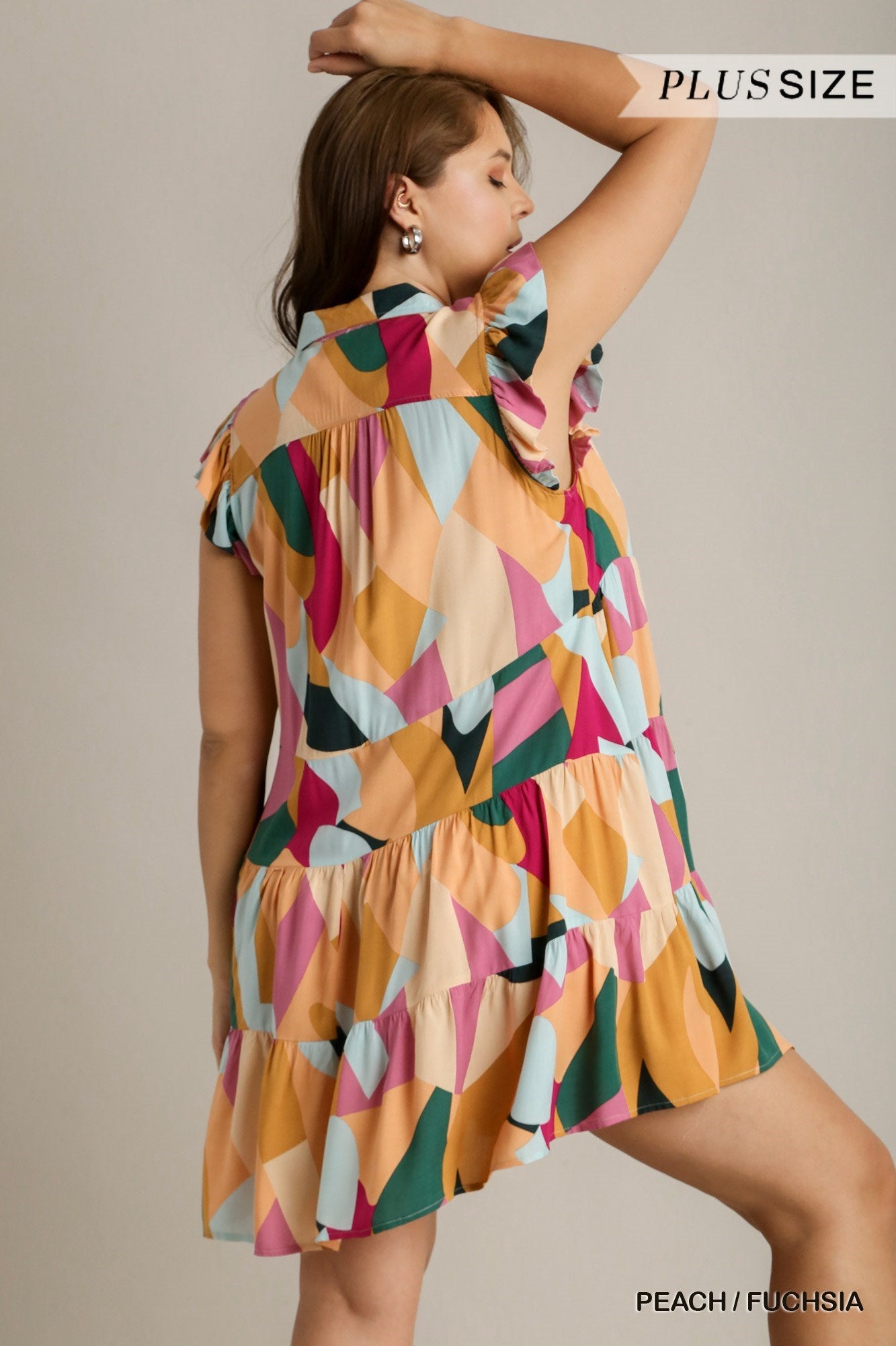 Umgee Plus Size Multi Color Abstract Ruffle Sleeve Tiered Dress - Roulhac Fashion Boutique
