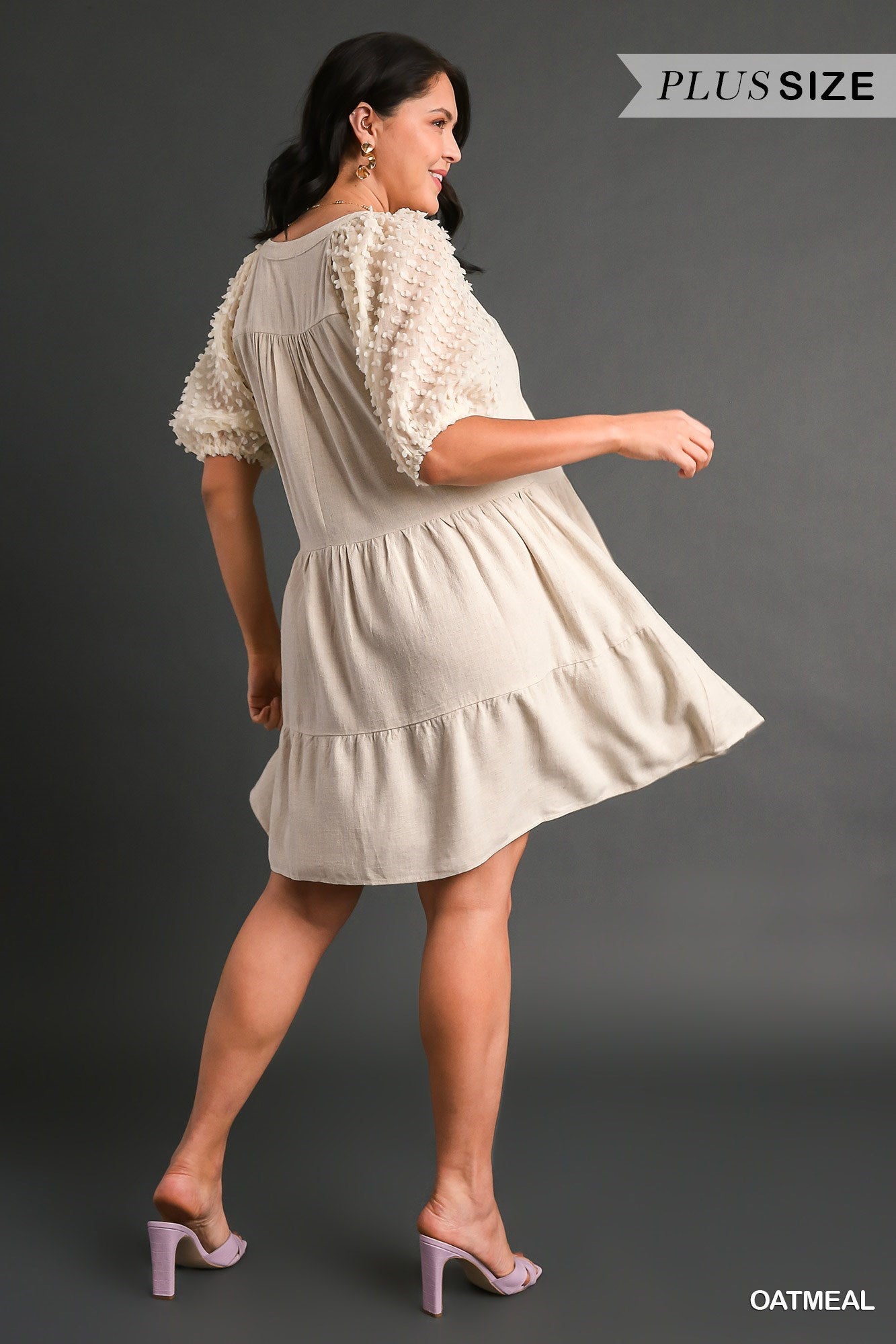 Umgee Plus Size Floral Applique Cuffed Puffed Sleeve Tiered Dress - Roulhac Fashion Boutique