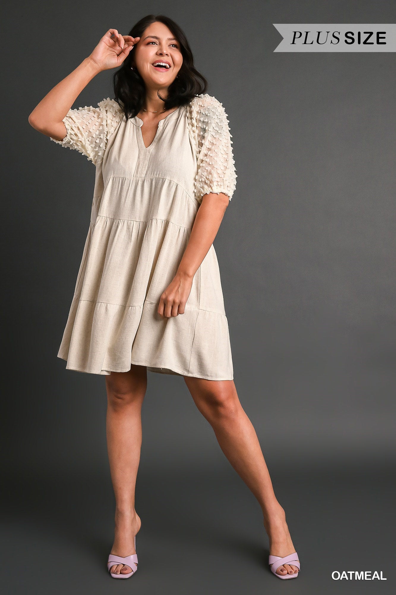 Umgee Plus Size Floral Applique Cuffed Puffed Sleeve Tiered Dress - Roulhac Fashion Boutique