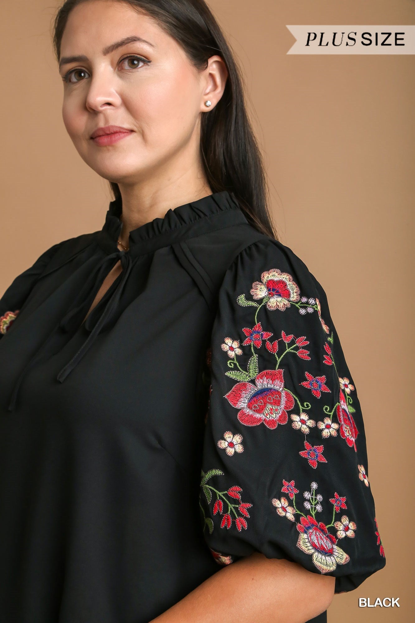 Umgee Plus Embroidery Puff Sleeve Ruffle V-Notched Drawstring Top