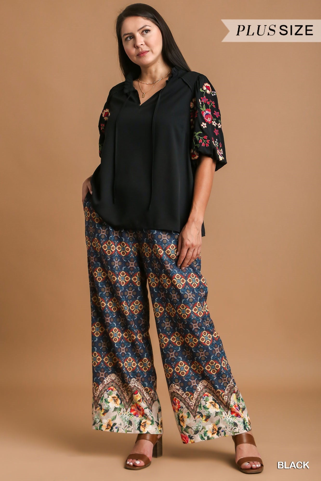 Umgee Plus Embroidery Puff Sleeve Ruffle V-Notched Drawstring Top