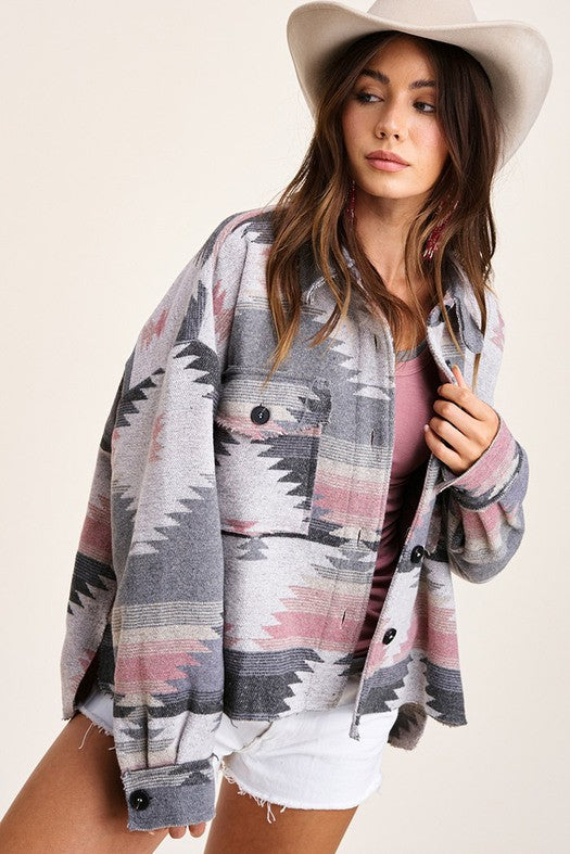 Aztec Button Down Long Sleeve High Low Shacket Jacket - Roulhac Fashion Boutique