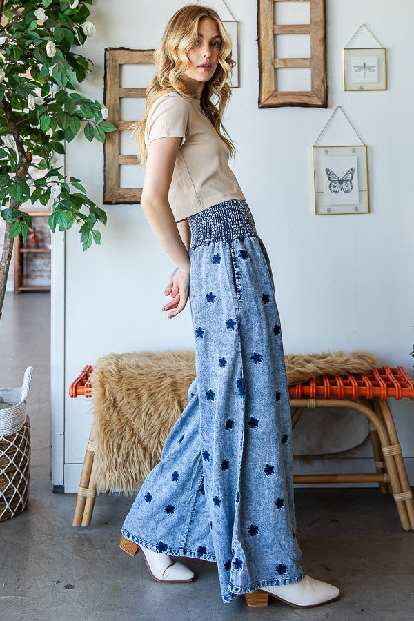 Oli & Hali Washed Embroidered Wide Leg Pants