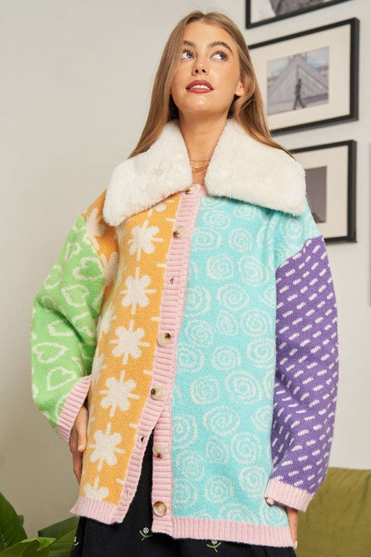 Davi & Dani Faux Fur Collar Mixed Color Block Button Cardigan - Roulhac Fashion Boutique