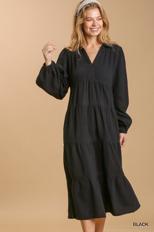 Umgee Black Cotton Tiered Long Sleeve Maxi Dress - Roulhac Fashion Boutique