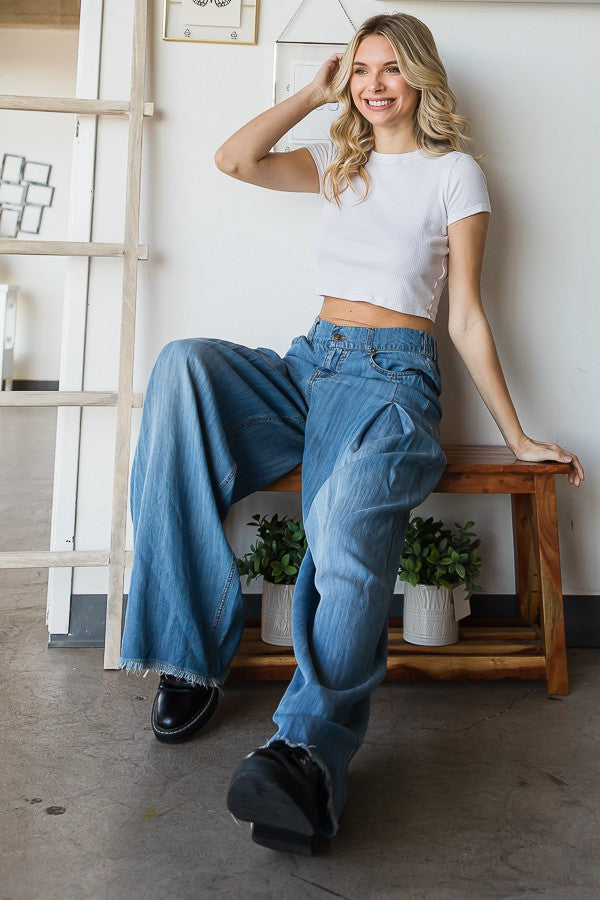 Oli & Hali Pleat Detail Wide Leg Denim Pants