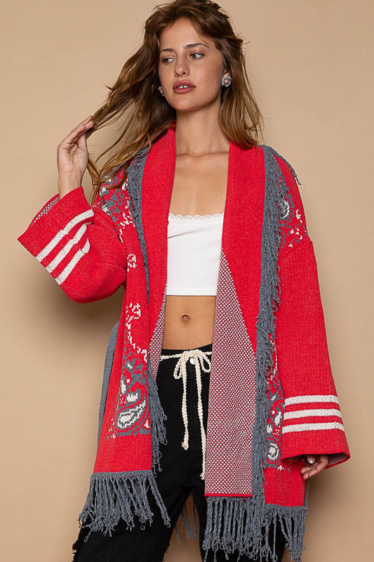 POL Fringe Paisley Shawl Collar Wrapped Cardigan Top