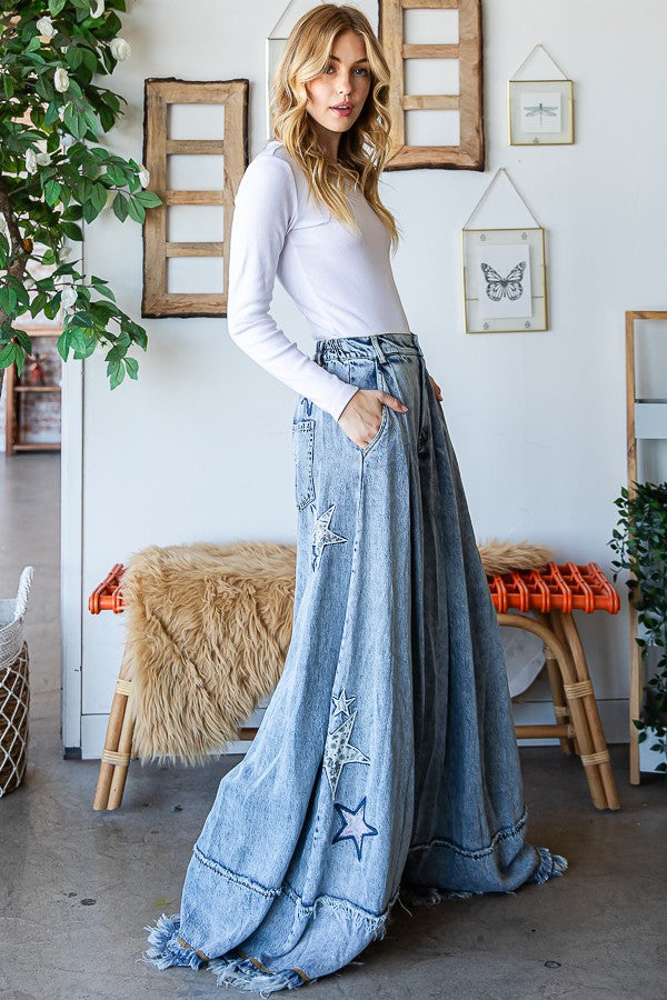 Oli & Hali Star Embroidery Washed Tencel Wide Pants