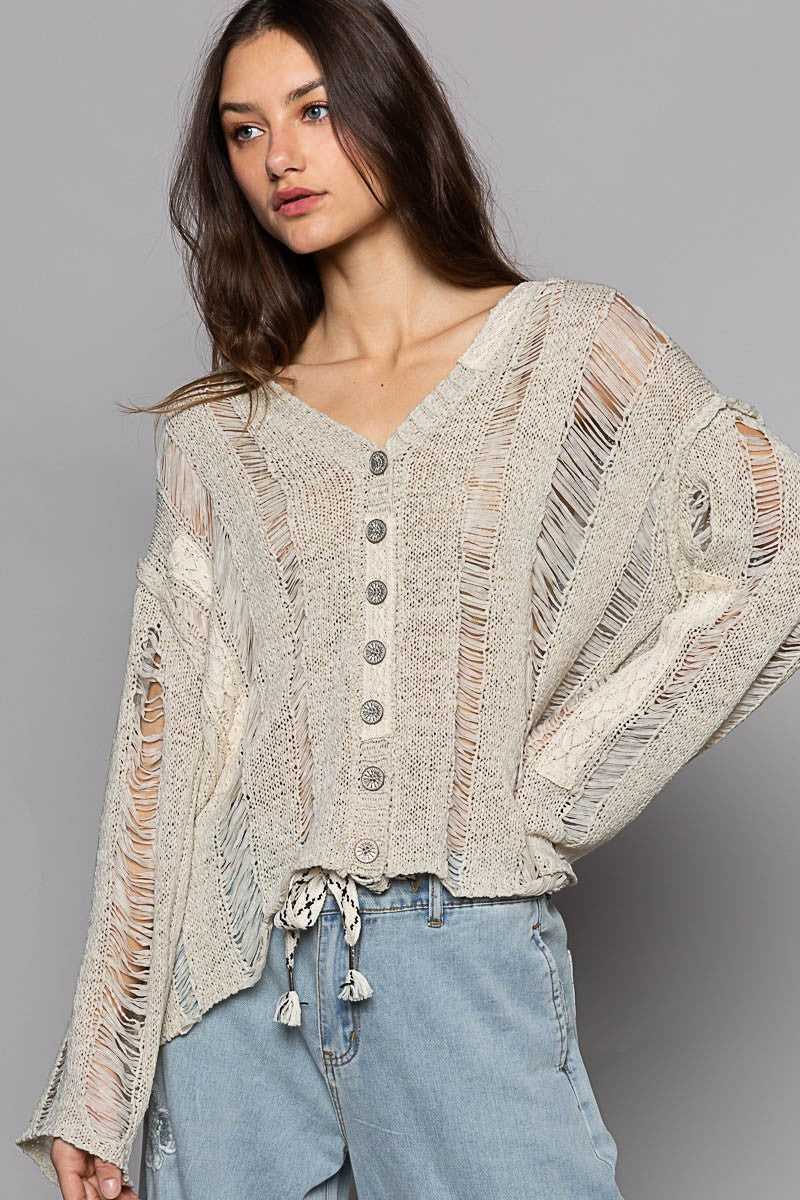 POL Long Sleeve Distressed Lace Trim V Neck Cardigan Top