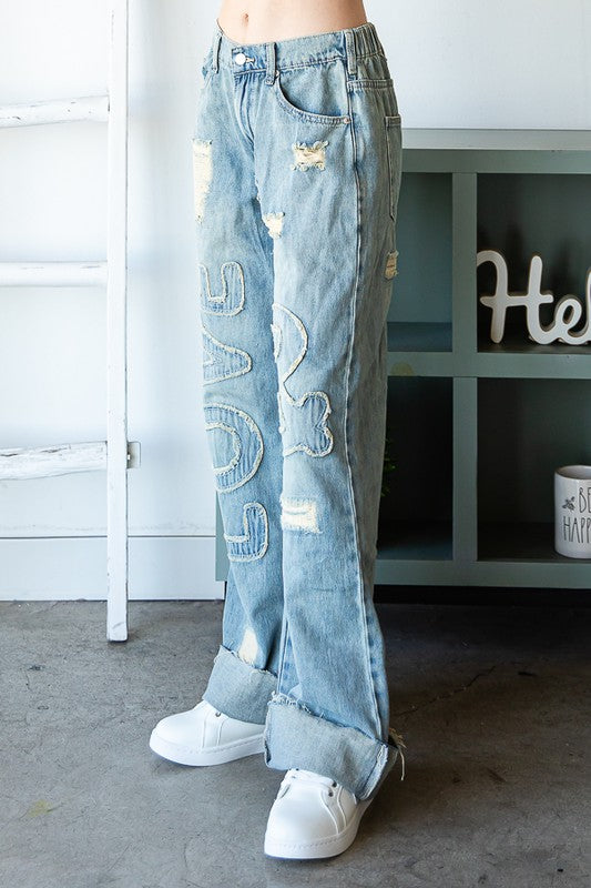 Oli & Hali Denim Mineral Washed Love Patch Cotton Jeans - Roulhac Fashion Boutique