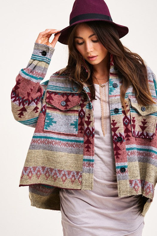 Aztec Button Down Long Sleeve High Low Shacket Jacket - Roulhac Fashion Boutique