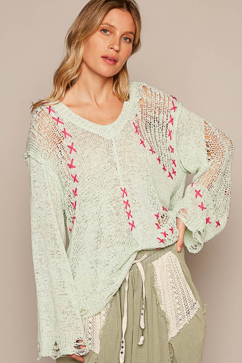 POL Long Sleeve Stitch Distressed V Neck Sweater Top