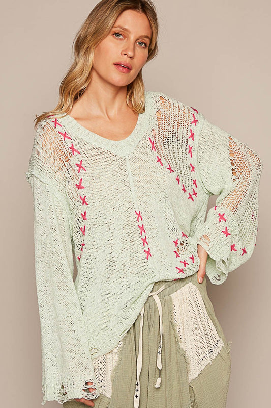 POL Long Sleeve Stitch Distressed V Neck Sweater Top