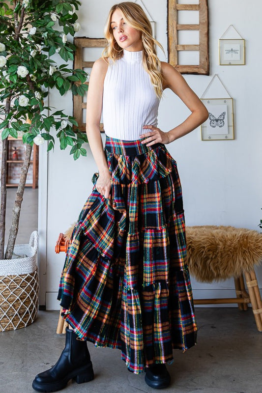 Oli & Hali Mineral Washed Check Plaid Tiered Skirt Pants