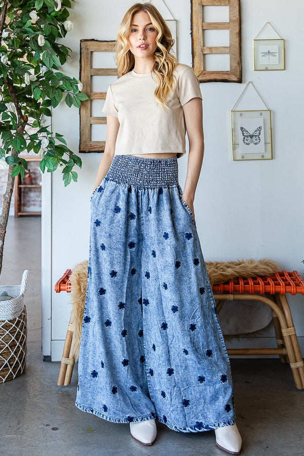 Oli & Hali Washed Embroidered Wide Leg Pants
