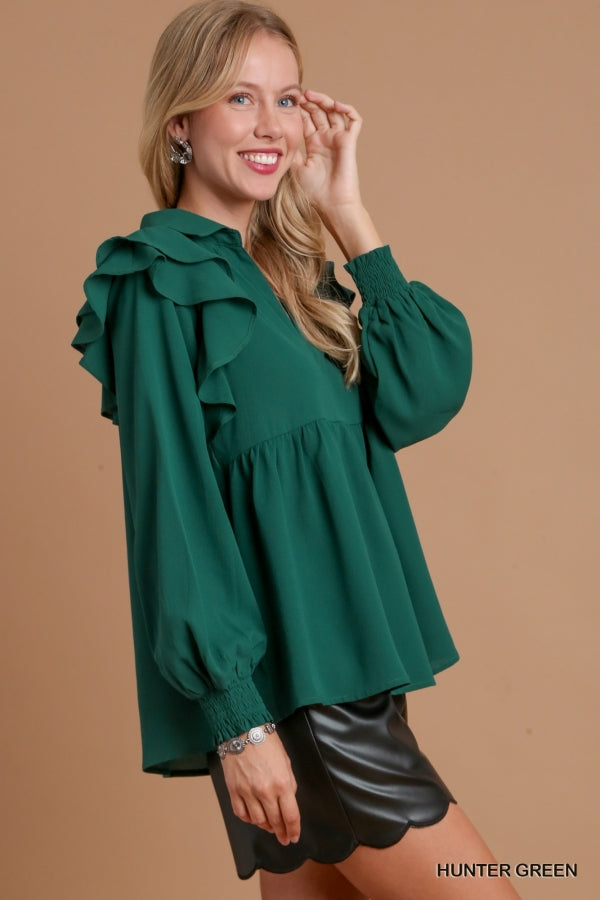Umgee Hunter Green Ruffled V-Neck Baby Doll Top - Roulhac Fashion Boutique