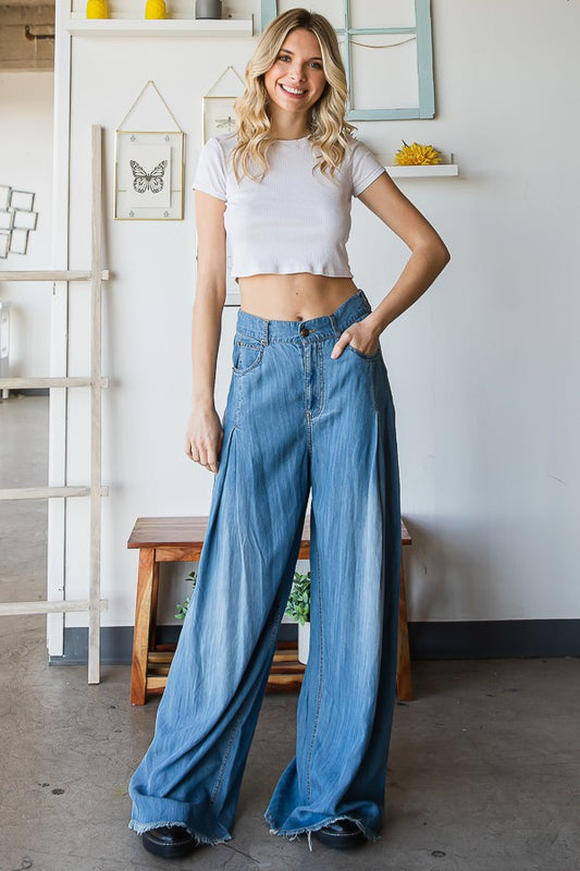Oli & Hali Pleat Detail Wide Leg Denim Pants
