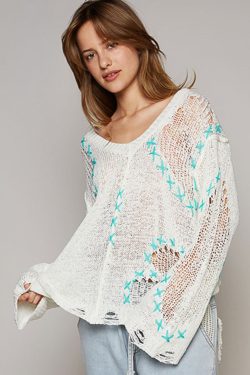 POL Long Sleeve Stitch Distressed V Neck Sweater Top