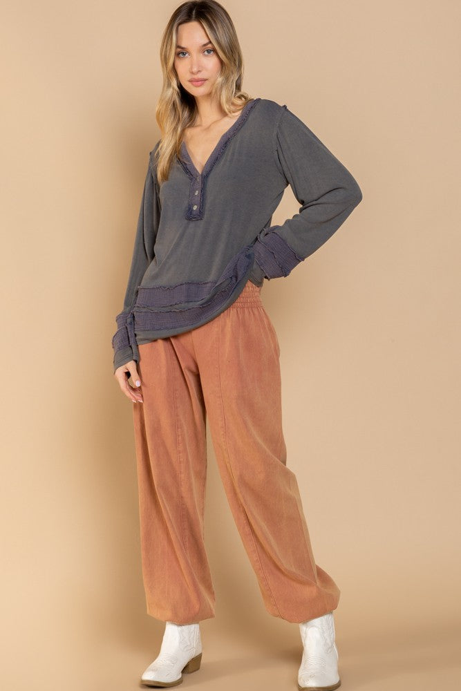 POL Long Sleeve Contrast Gauze Strap Detail Top