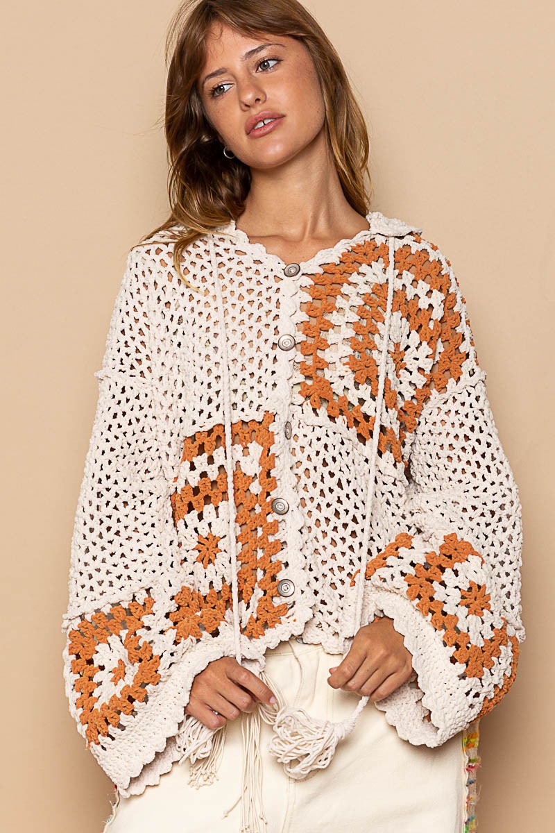 POL Hand Knit Squares Hooded Button Closure Cardigan Top