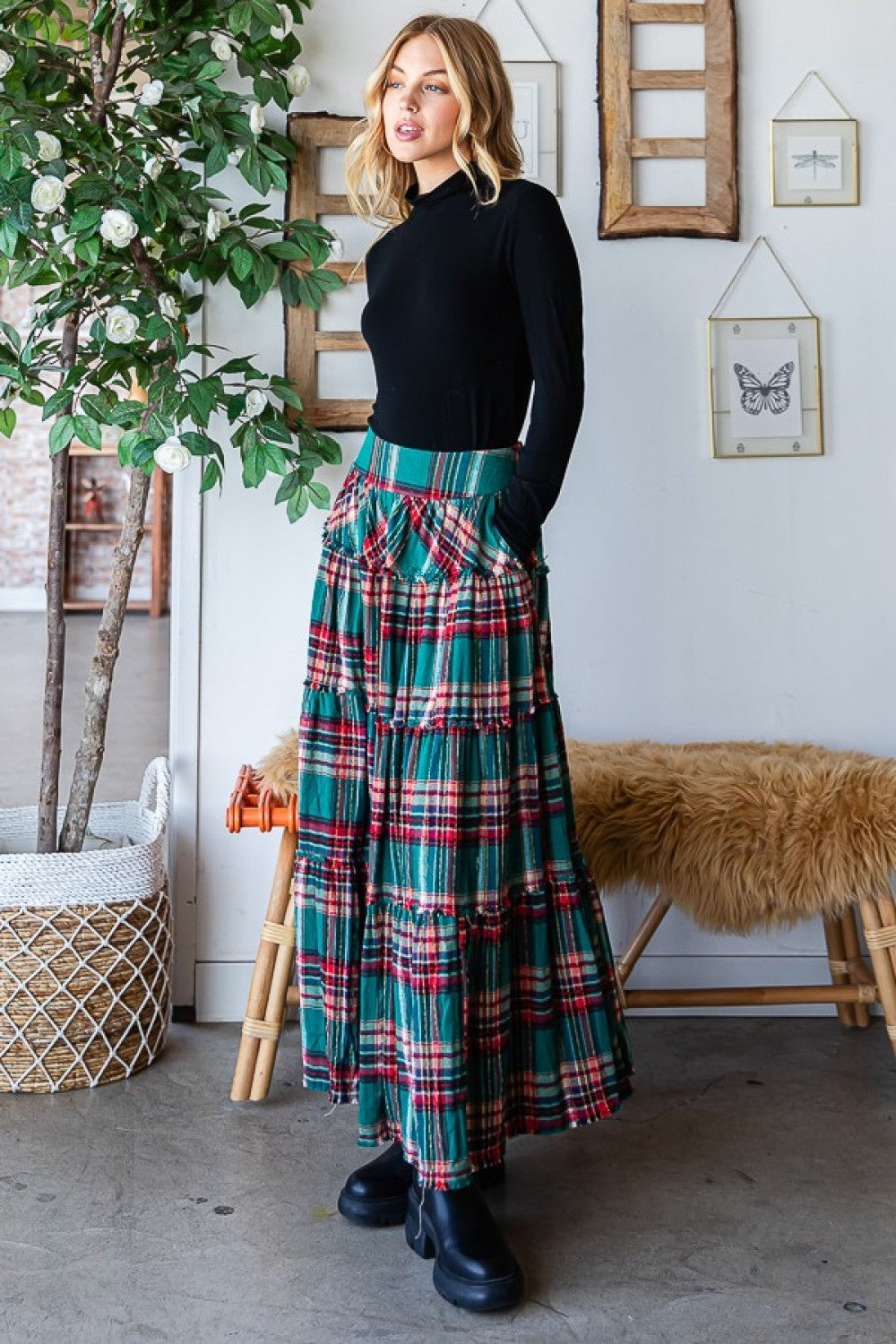 Oli & Hali Mineral Washed Check Plaid Tiered Skirt Pants