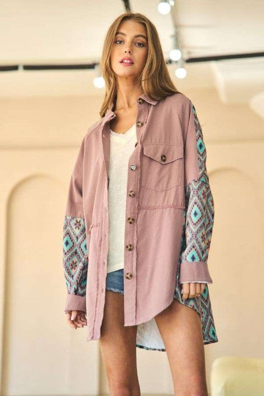 Davi & Dani Geo Contrast Fringe Hem Button Down Shirt Jacket - Roulhac Fashion Boutique