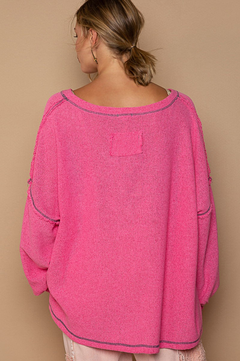 POL Oversize Fit Long Sleeve Overlock Detail Knit Top