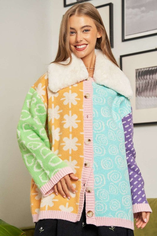 Davi & Dani Faux Fur Collar Mixed Color Block Button Cardigan - Roulhac Fashion Boutique