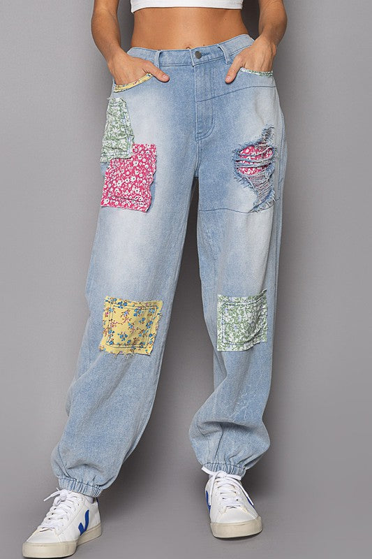 POL Denim Patched Elastic Waist Cotton Jogger Pants - Roulhac Fashion Boutique