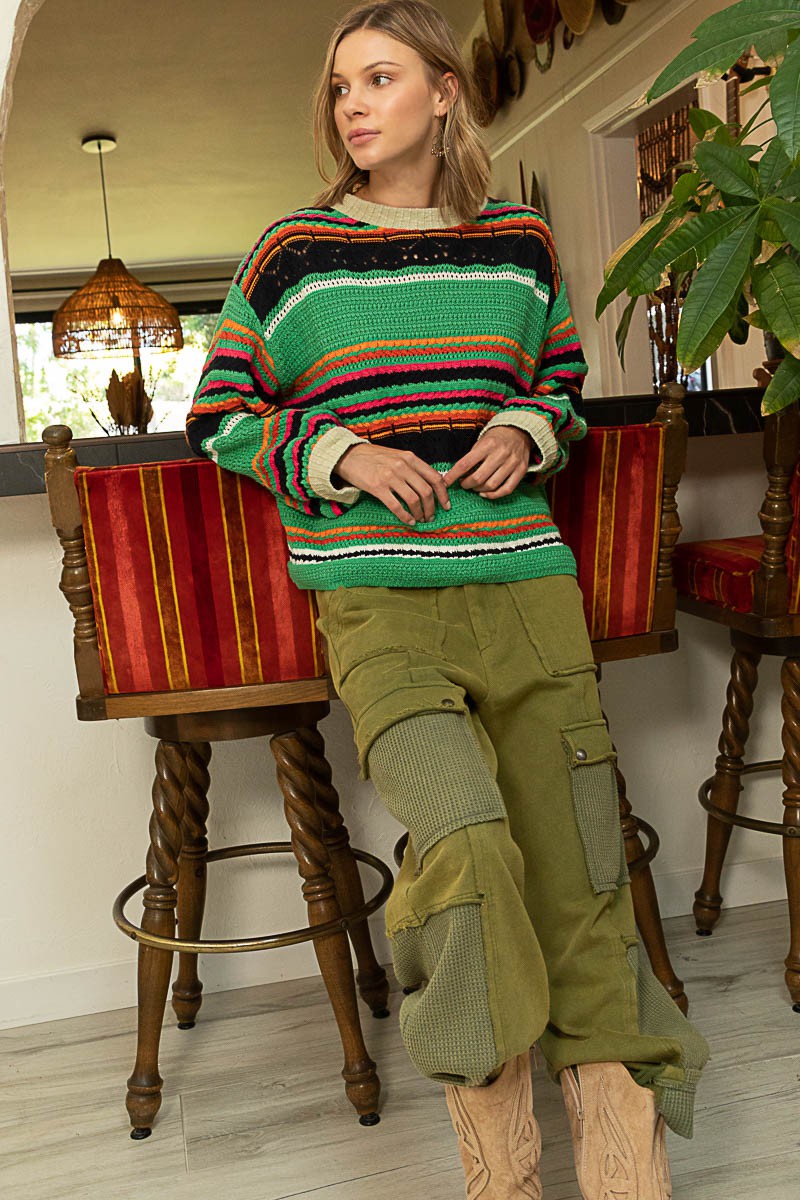 POL Balloon Sleeve Striped Pullover Sweater Top