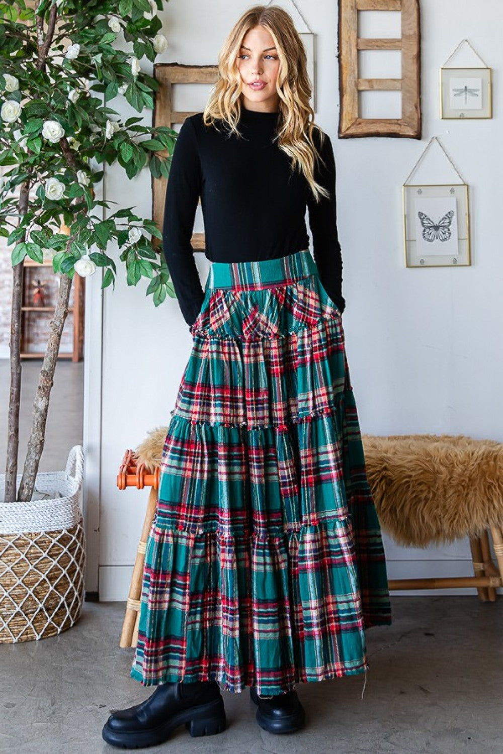 Oli & Hali Mineral Washed Check Plaid Tiered Skirt Pants