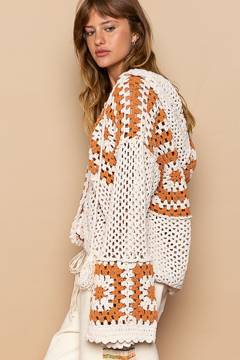 POL Hand Knit Squares Hooded Button Closure Cardigan Top