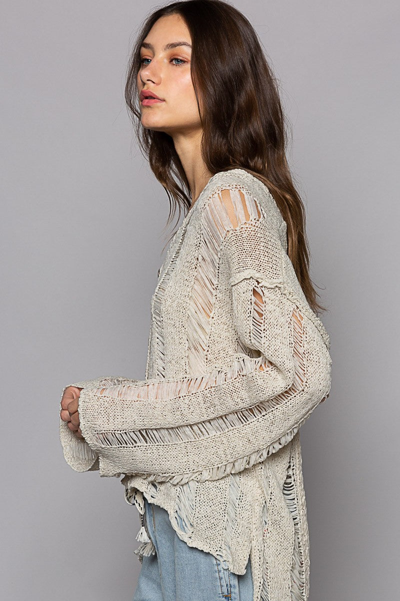 POL Long Sleeve Distressed Lace Trim V Neck Cardigan Top