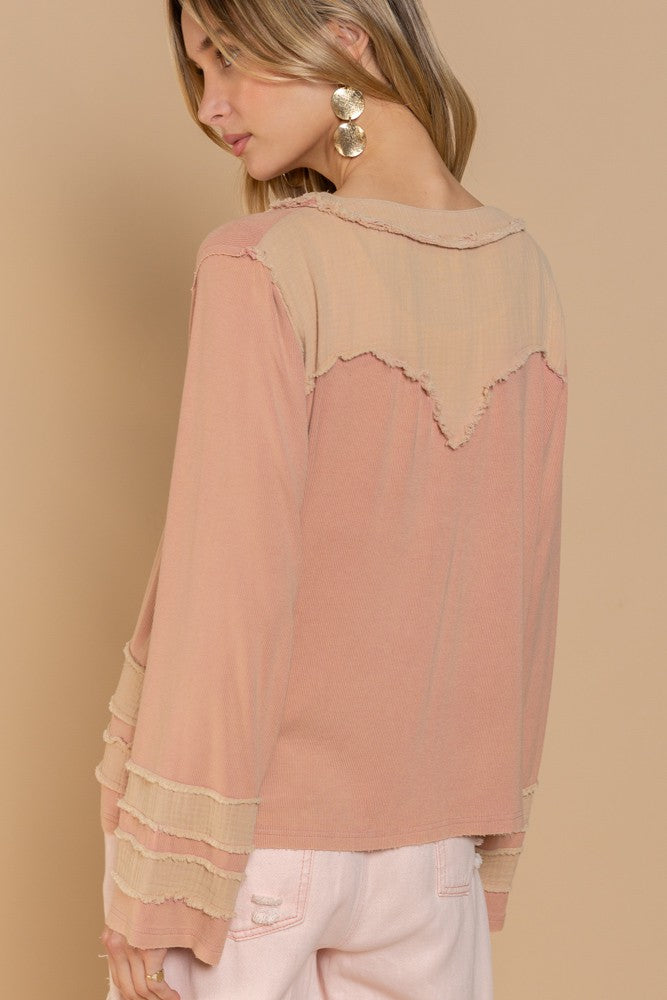 POL Long Sleeve Contrast Gauze Strap Detail Top