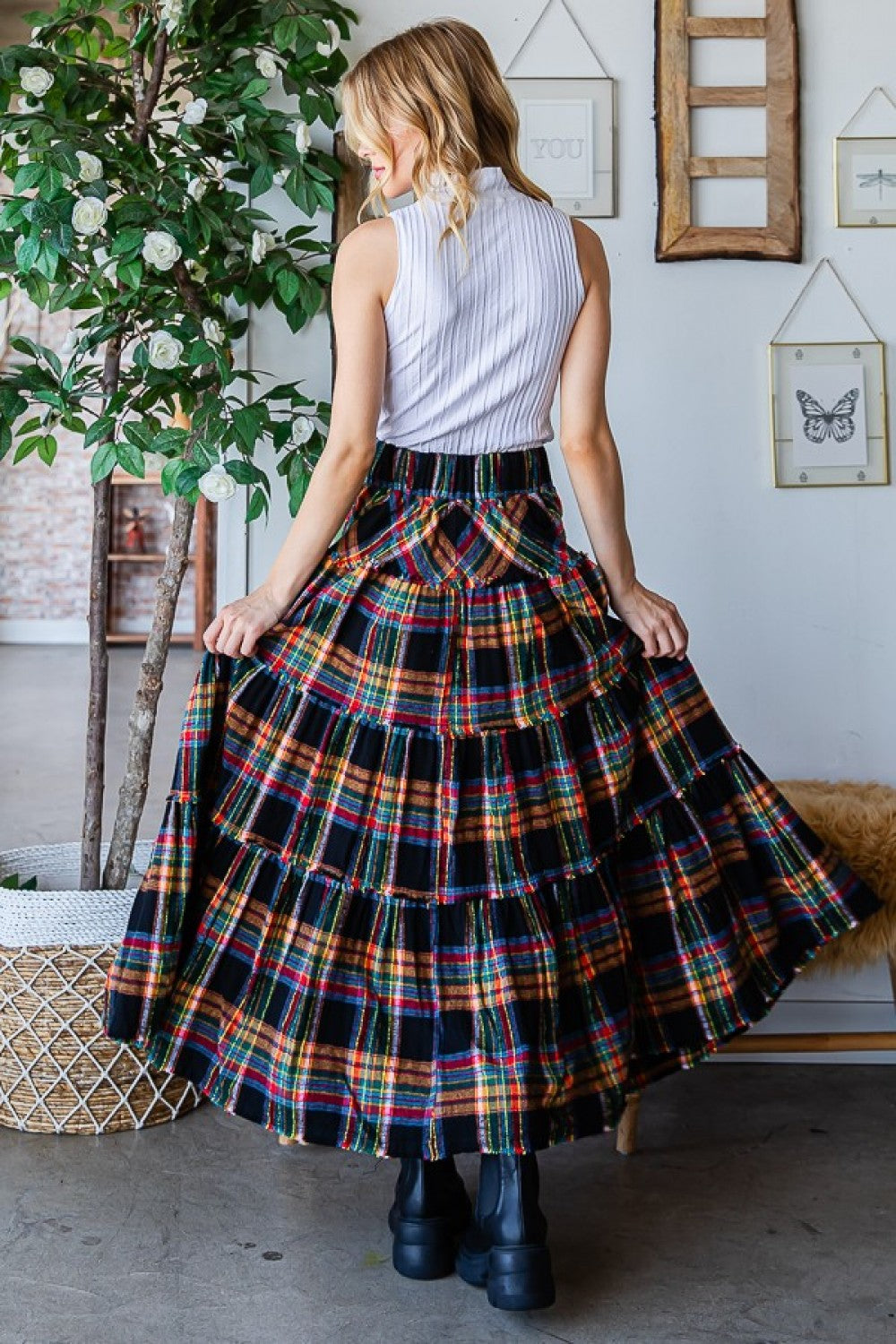 Oli & Hali Mineral Washed Check Plaid Tiered Skirt Pants