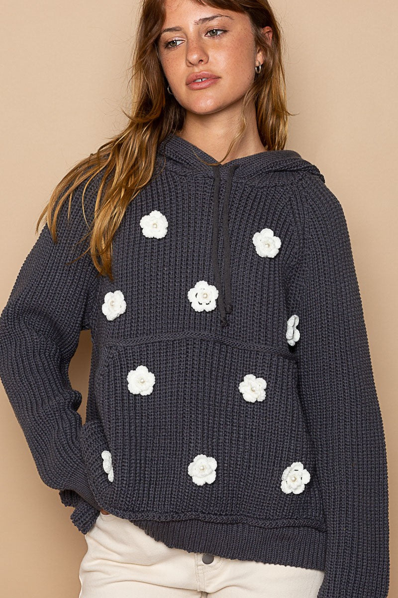 POL Long Sleeve Handmade Flower Patch Hoodie Top